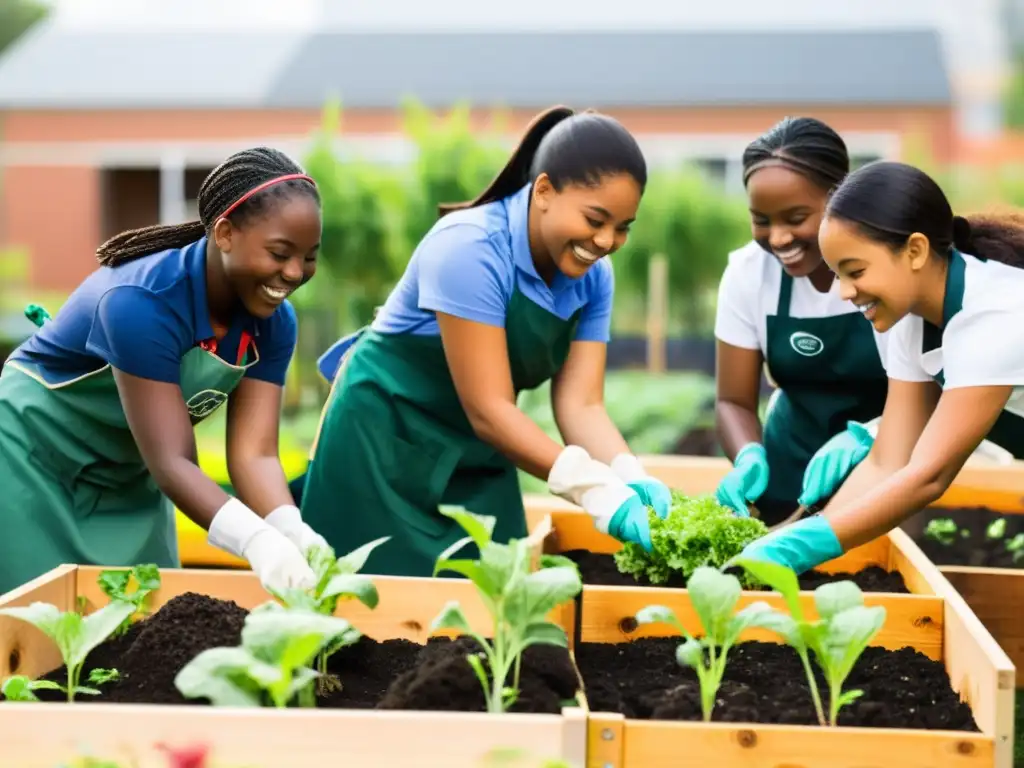 Estudiantes plantando en huerto escolar, integrando programas de agricultura urbana escolar