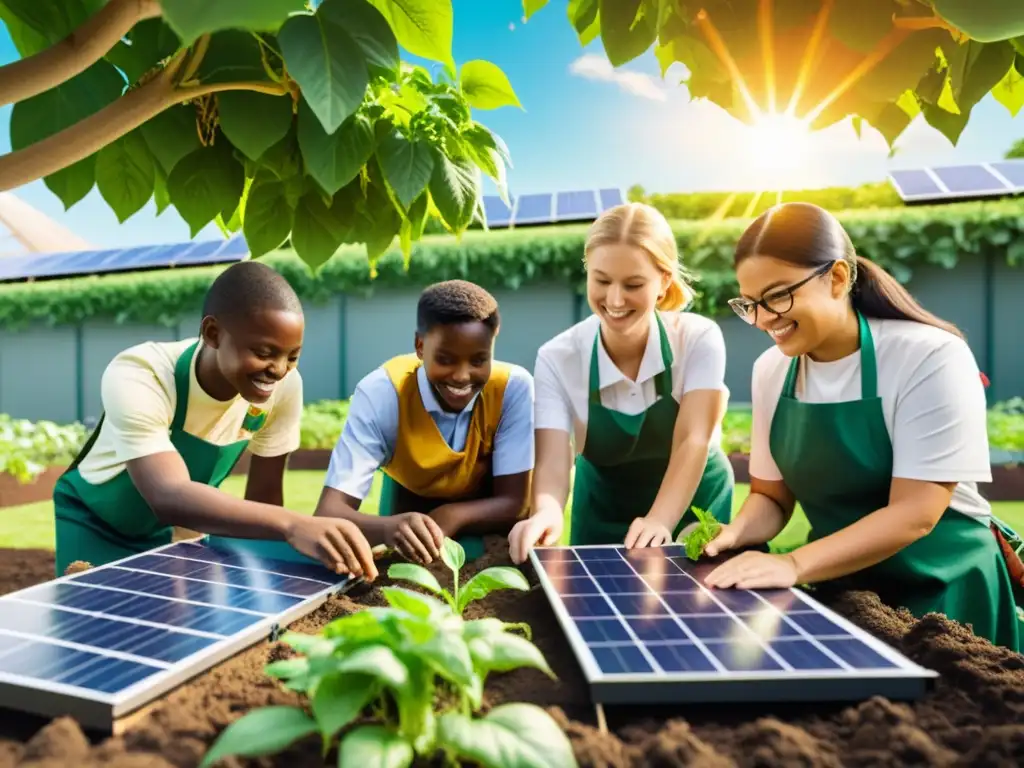 Estudiantes y maestros trabajan en huerto escolar con talleres implementar sistemas sostenibles y paneles solares, rodeados de naturaleza vibrante