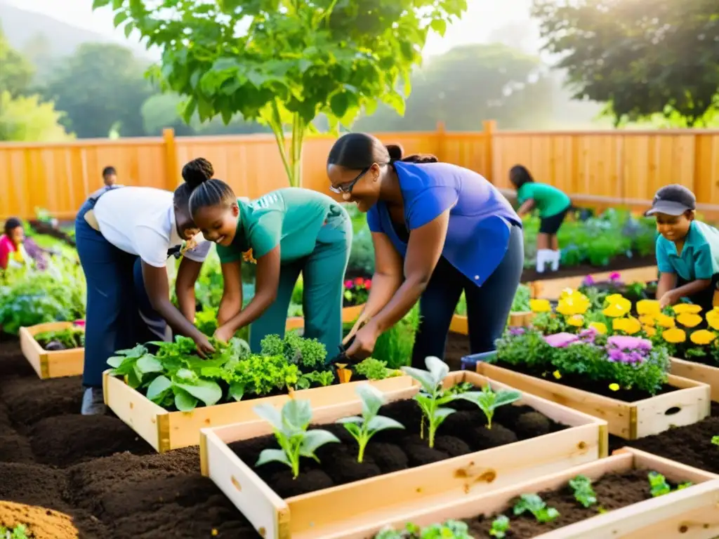 Estudiantes y maestros colaboran en huerto escolar sostenible, rodeados de naturaleza vibrante y energía renovable