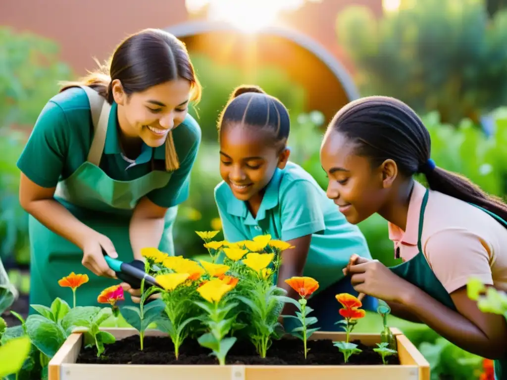 Estudiantes diversos cuidando plantas en un huerto escolar, bajo el cálido sol