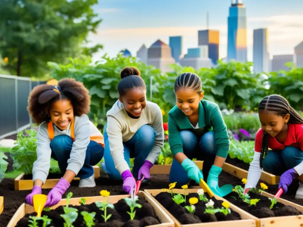 Estudiantes de primaria plantan flores y vegetales en huertos urbanos, integrando naturaleza y educación