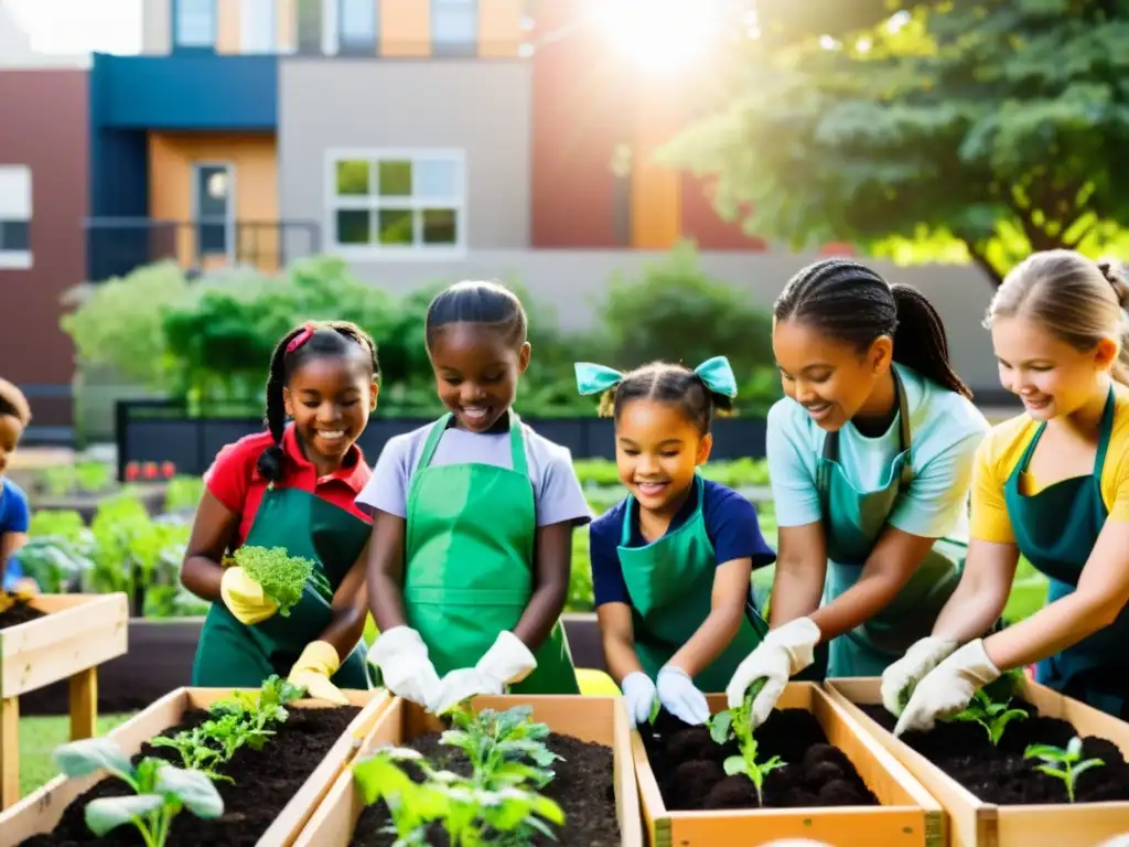 Estudiantes de primaria plantando en huerto escolar, promoviendo agricultura urbana y comunidad en entorno urbano escolar vibrante