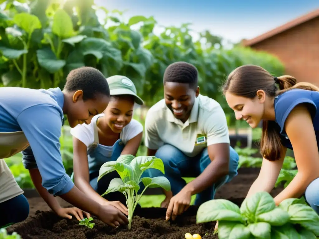 Estudiantes aprenden a implementar sistemas sostenibles en huertos escolares mientras trabajan con el instructor en el jardín de la escuela