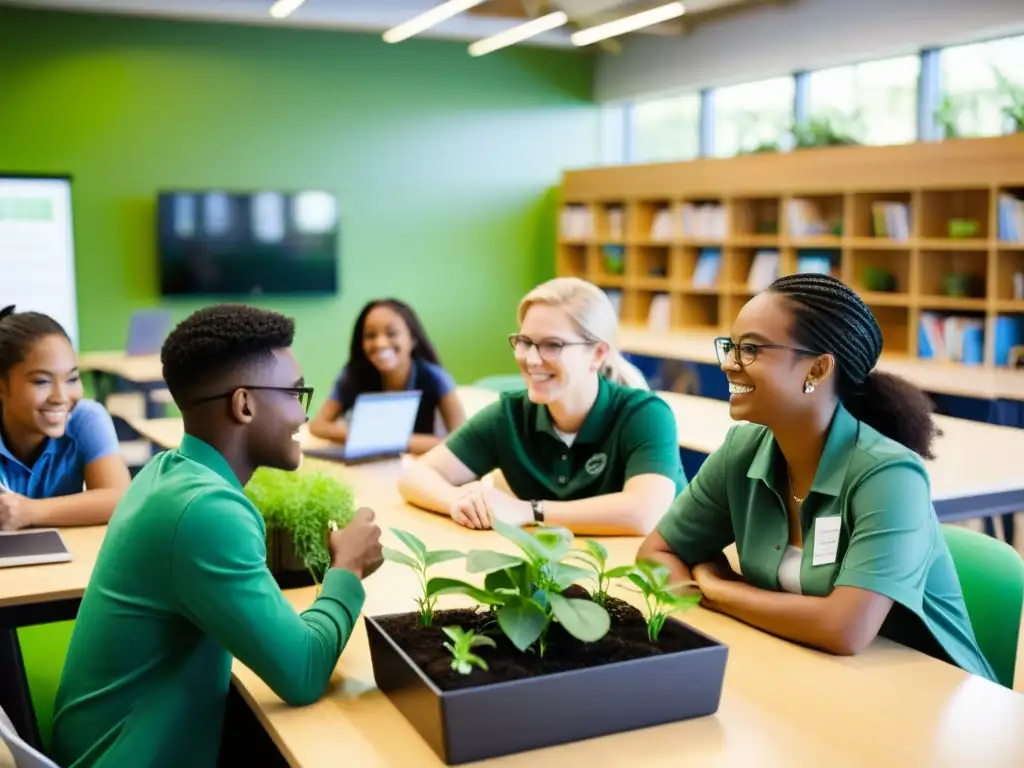 Estudiantes urbanos colaboran en un aula moderna con tecnologías verdes en programas educativos urbanos