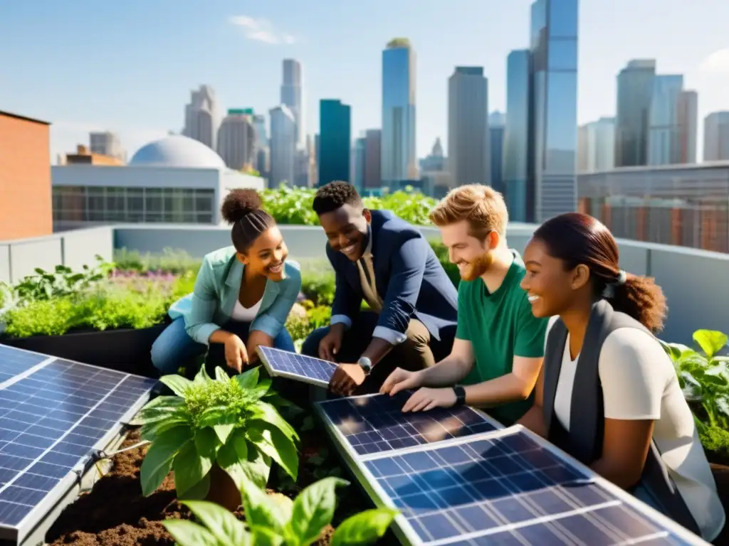 Estudiantes urbanos colaboran en un jardín con tecnologías verdes, fusionando naturaleza y educación