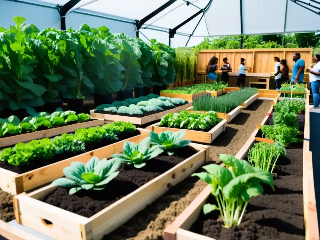 Evento de agricultura urbana con verduras y hierbas coloridas en camas elevadas, talleres interactivos y comunidad comprometida