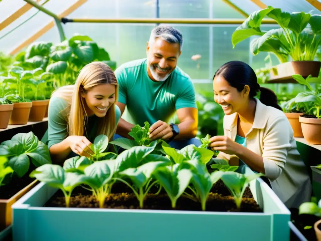 Un evento de acuaponía en familia, trabajando unidos en un jardín vibrante y exuberante, bajo la cálida luz del sol