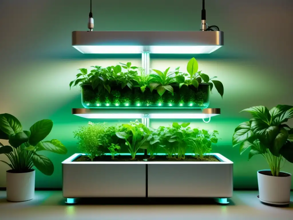 Distribución exacta de agua en huertos verticales: sistema acuapónico futurista con iluminación ambiental y vegetación exuberante