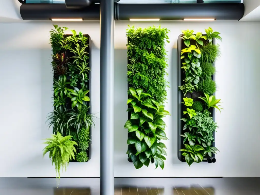 Distribución exacta de agua en huertos verticales: jardín vertical moderno con sistema de riego preciso y plantas vibrantes en diseño minimalista