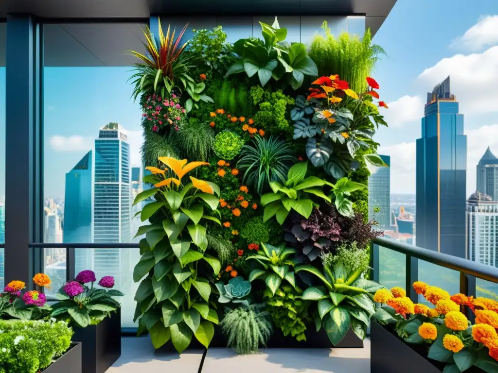 Éxito huertista vertical agricultura urbana: Jardín urbano moderno con exuberantes plantas y flores, contrastando con la arquitectura de la ciudad