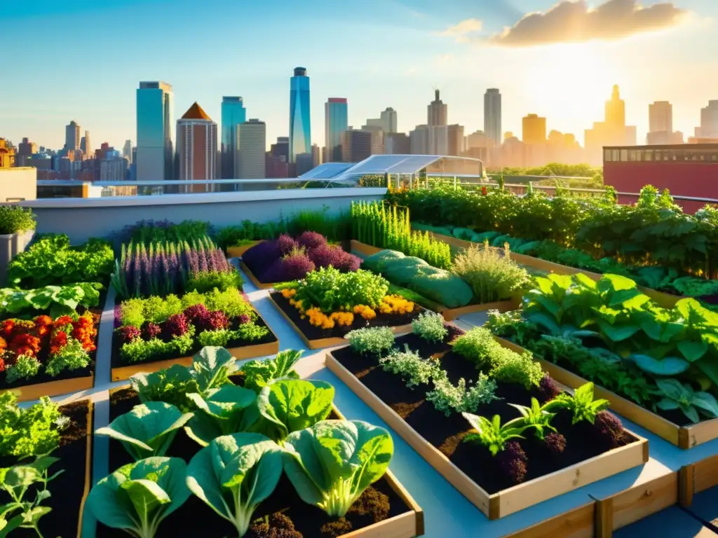 Una exitosa integración de agricultura urbana con coloridos cultivos en un vibrante jardín en la azotea de la ciudad