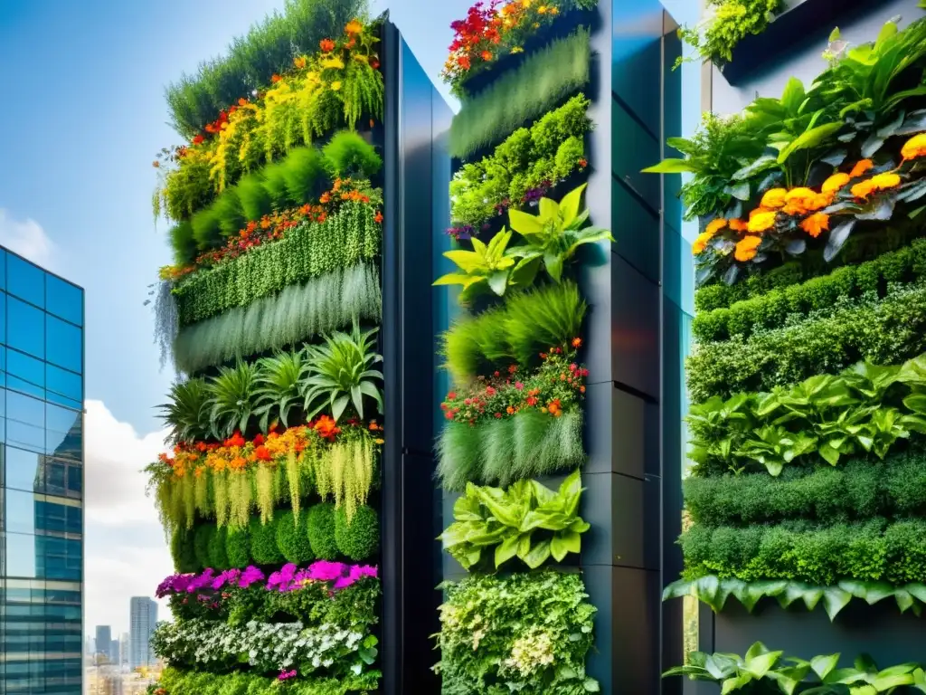 Un exitoso huerto vertical de agricultura urbana, un oasis vibrante y moderno en la ciudad