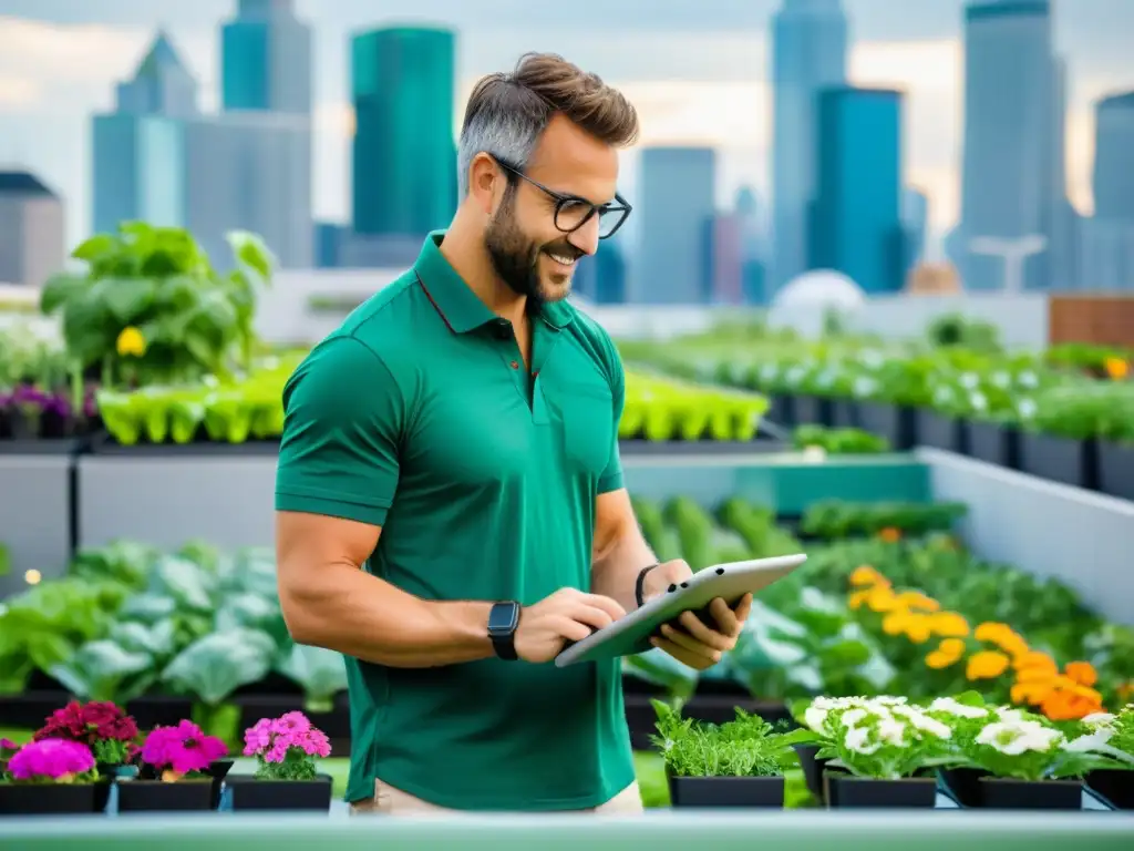 Un experto en agricultura urbana monitorea un jardín en la azotea de la ciudad usando una aplicación de alta tecnología