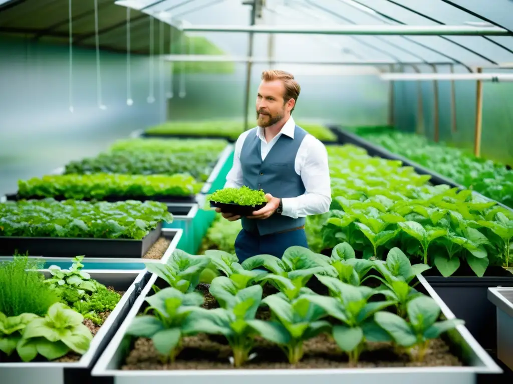 Un experto en agricultura urbana acuaponía explica con profesionalidad el cultivo en un jardín exuberante, con peces coloridos nadando