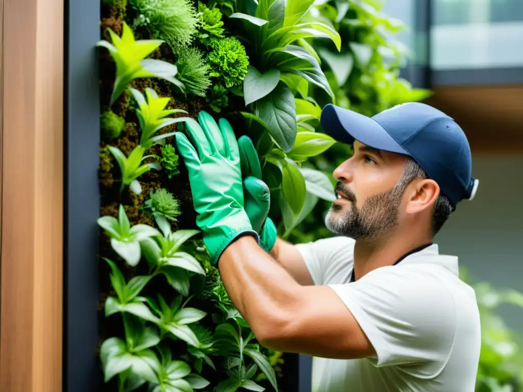 Un experto instalando con cuidado plantas vibrantes en un moderno jardín vertical interior