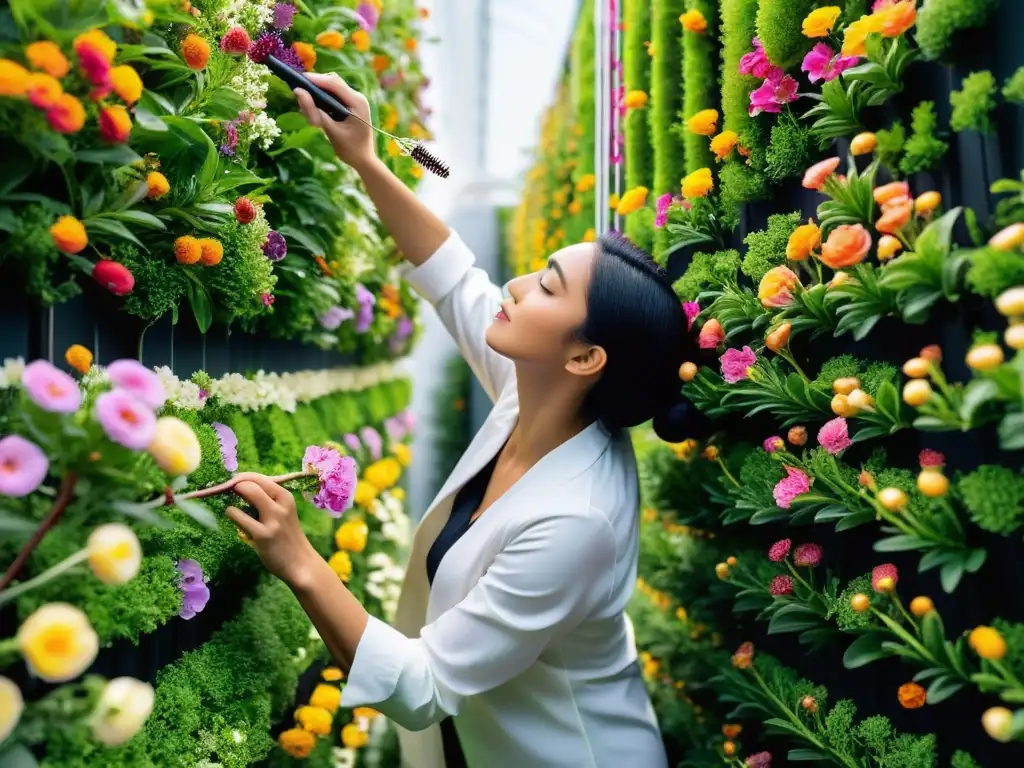 Un experto polinizando manualmente flores en un huerto vertical