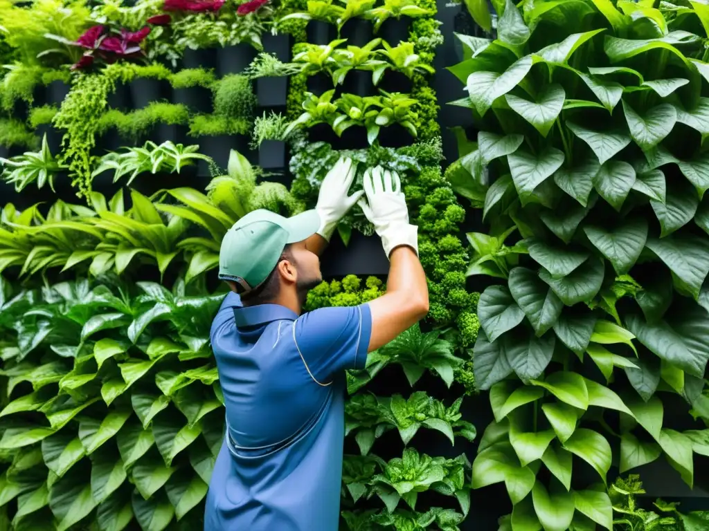 Un experto jardinero cuida con destreza un exuberante jardín vertical, demostrando rutinas de mantenimiento para huertos verticales