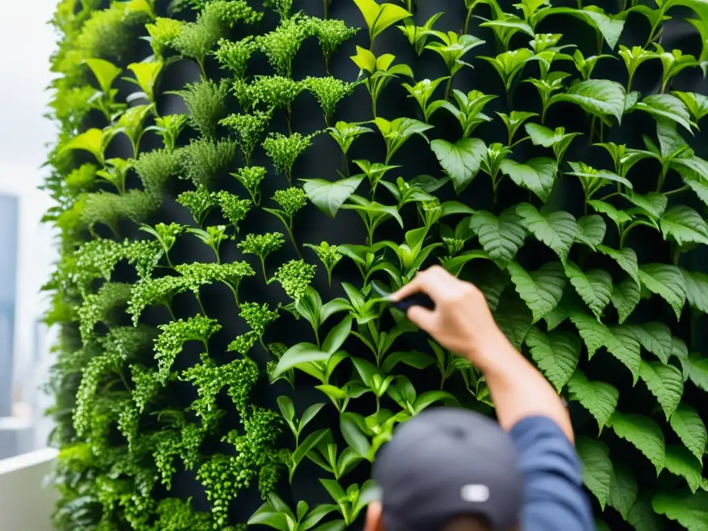 Un experto jardinero cuida con precisión plantas en un huerto vertical moderno