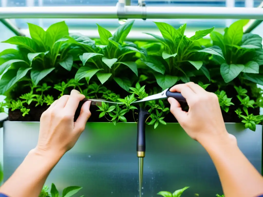 Un experto poda plantas verticales acuaponía con precisión, resaltando la técnica cuidadosa en un jardín visualmente impactante