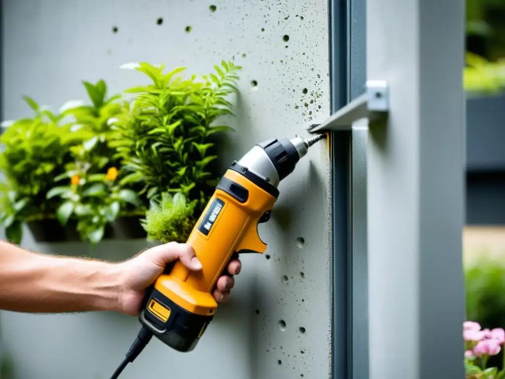 Un experto instala con precisión un resistente anclaje metálico en una pared de concreto para seguridad en cultivos verticales