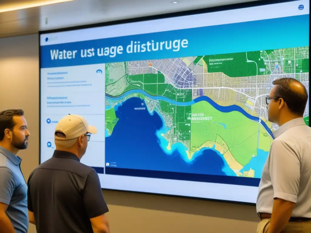 Expertos en riego urbano analizan datos en pantalla digital mostrando infraestructura y modelos de IA