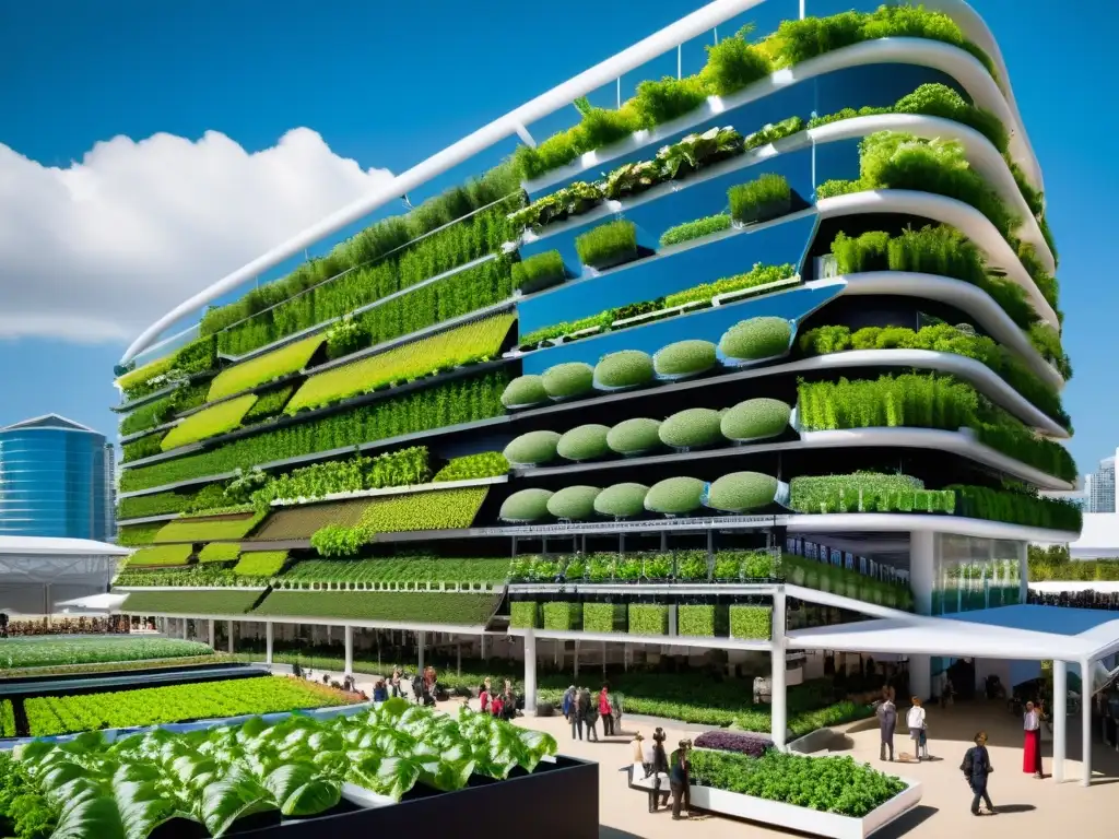 Exposiciones universales agricultura urbana: Una imagen vibrante y detallada de un futurista y sostenible expo agrícola urbana con gran tecnología