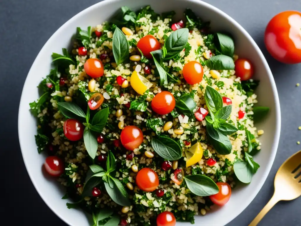 Una exquisita y colorida receta tabulé con perejil y menta frescos, pomegranate y granos de bulgur, en un plato blanco sobre fondo oscuro