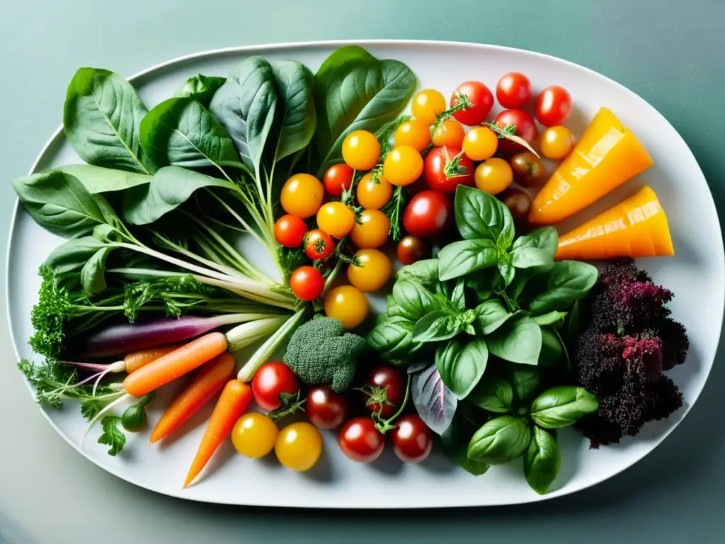 Una exquisita y detallada composición de alimentos orgánicos para huertos verticales, con tomates, acelgas, zanahorias y hierbas frescas en una presentación artística, iluminada suavemente