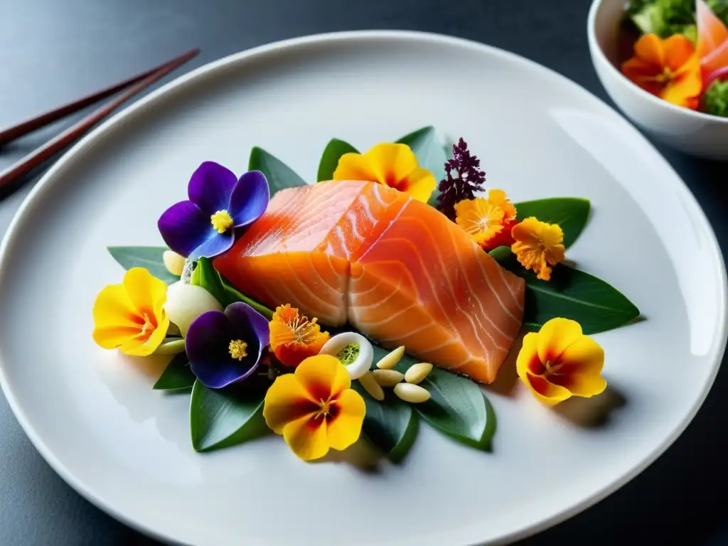 Exquisita preparación de pescados de cultivo urbano, sashimi de salmón y atún con flores comestibles y vegetales coloridos en plato blanco moderno