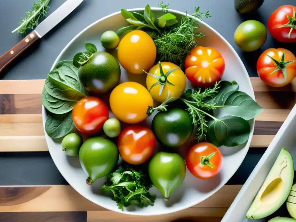 Exquisita presentación de alimentos orgánicos para huertos verticales, con tomates, aguacates y hierbas frescas en una elegante bandeja de madera