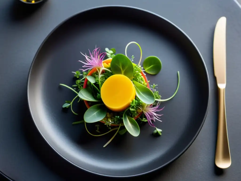 Una exquisita presentación de cocina de fusión con brotes y germinados, en un plato negro mate, bajo una estética moderna y minimalista