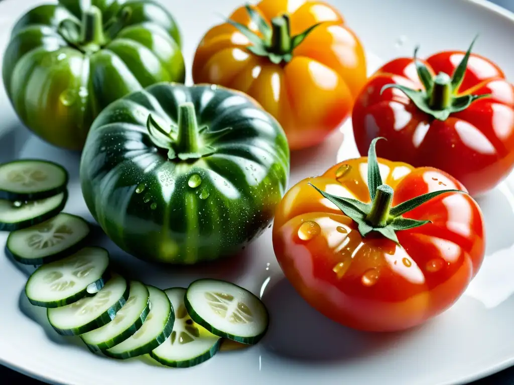 Exquisita presentación de tomates y pepinos frescos en plato blanco, resaltando sus colores y texturas