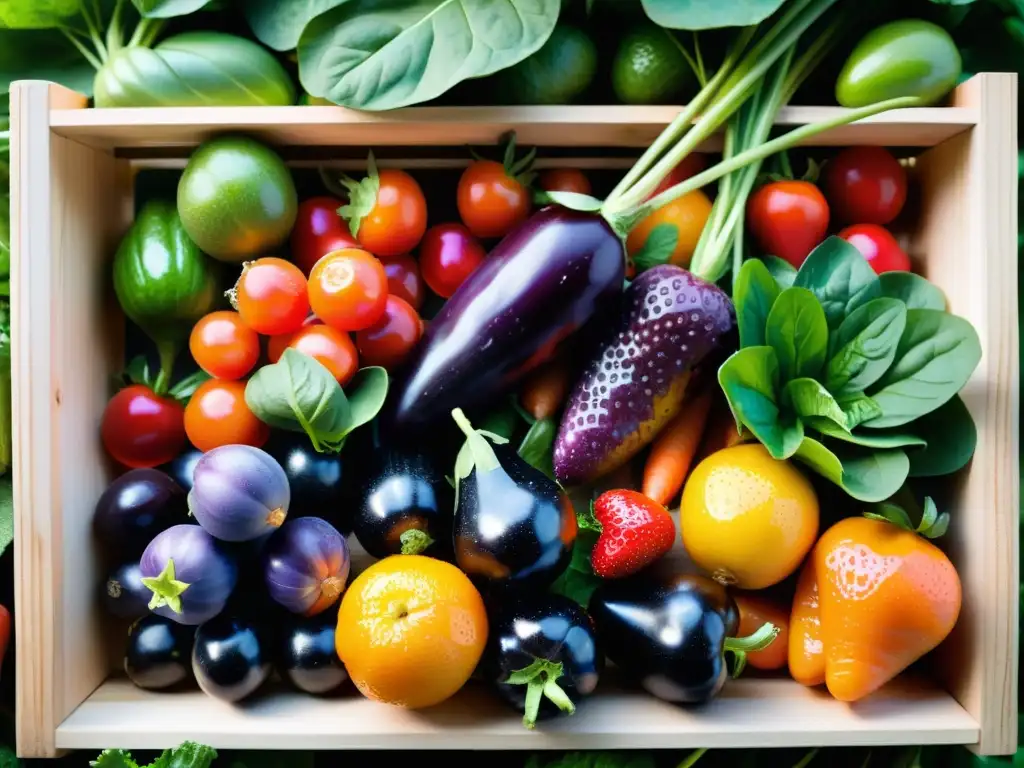 Una exquisita selección de alimentos orgánicos para dieta sana, resplandeciendo en una caja de madera rústica bajo la luz natural