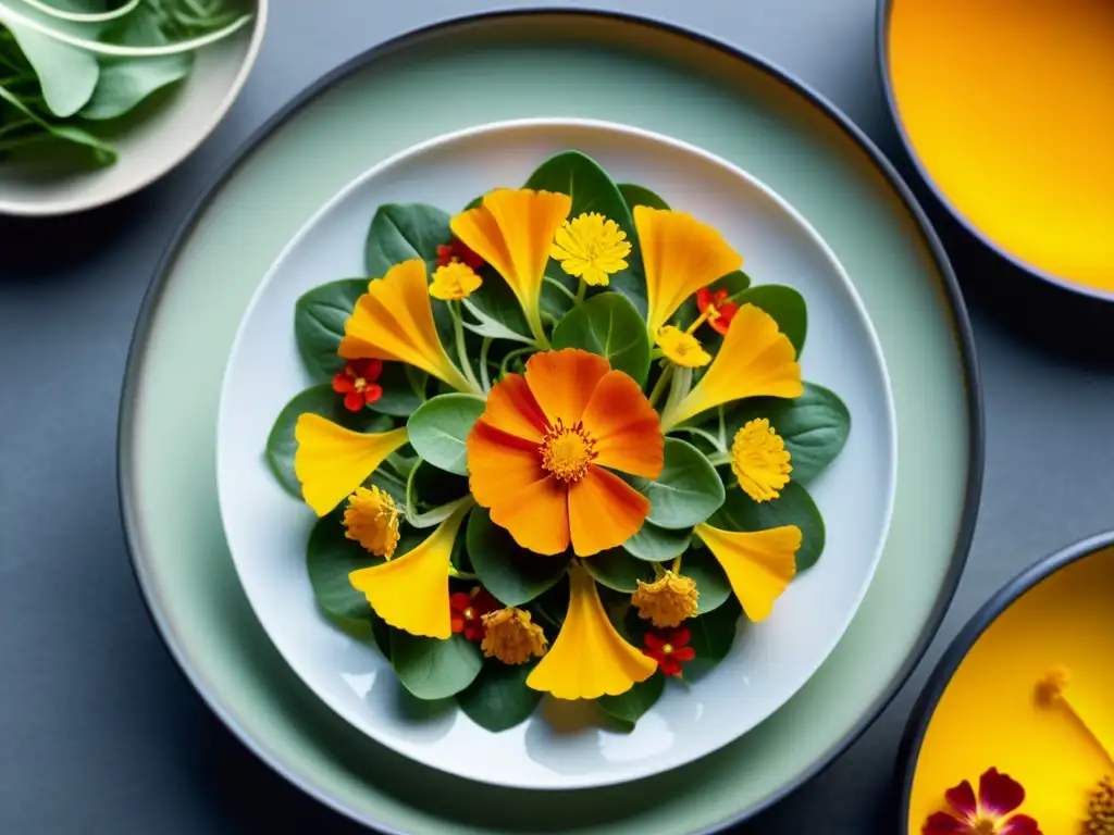 Una exquisita y sofisticada ensalada gourmet con flores comestibles urbanas, resalta la belleza y el arte culinario