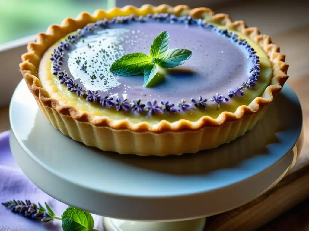 Una exquisita tarta de lavanda y hierbabuena, con hojas brillantes y rocío, bañada en luz natural