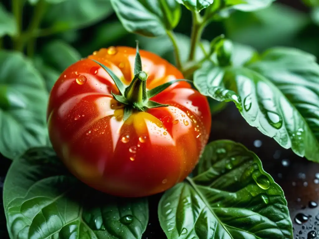 Una exquisita tomate de cosecha y albahaca, goteando de frescura