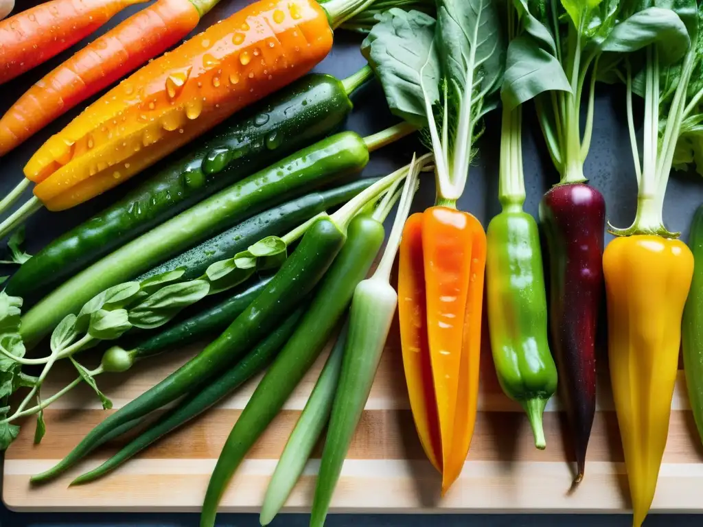 Una exquisita variedad de bocadillos saludables para niños: zanahorias, pimientos, pepinos y lechuga fresca en una tabla de cortar de madera, con gotas de agua brillando sobre sus superficies