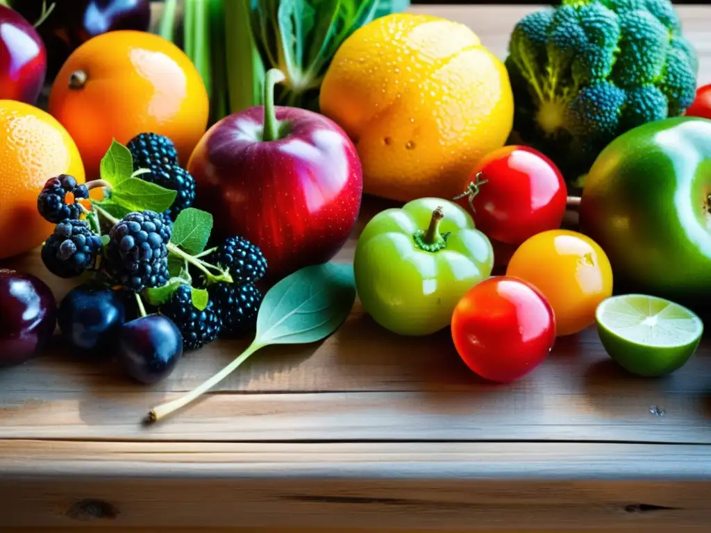 Una exquisita variedad de frutas y verduras orgánicas recién cosechadas, con colores vibrantes y texturas naturales