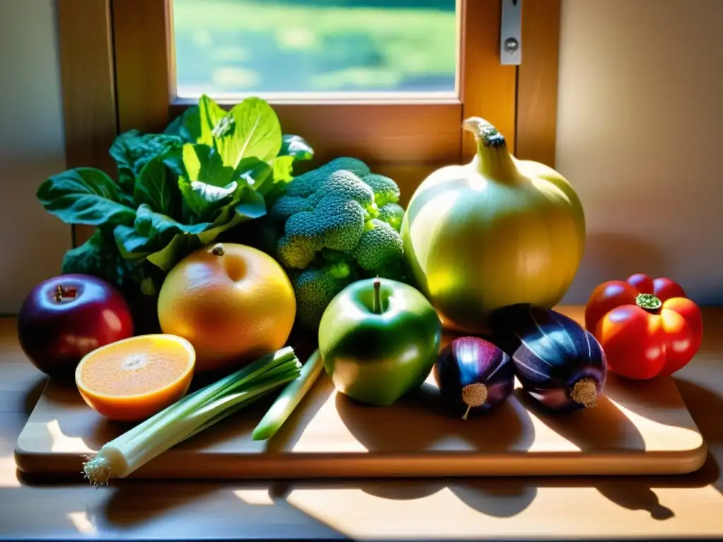 Una exquisita variedad de frutas y verduras orgánicas, con colores vibrantes y texturas increíblemente detalladas