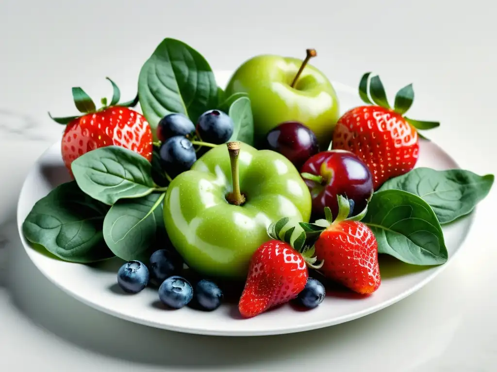 Una exquisita variedad de frutas y verduras orgánicas frescas en plato blanco