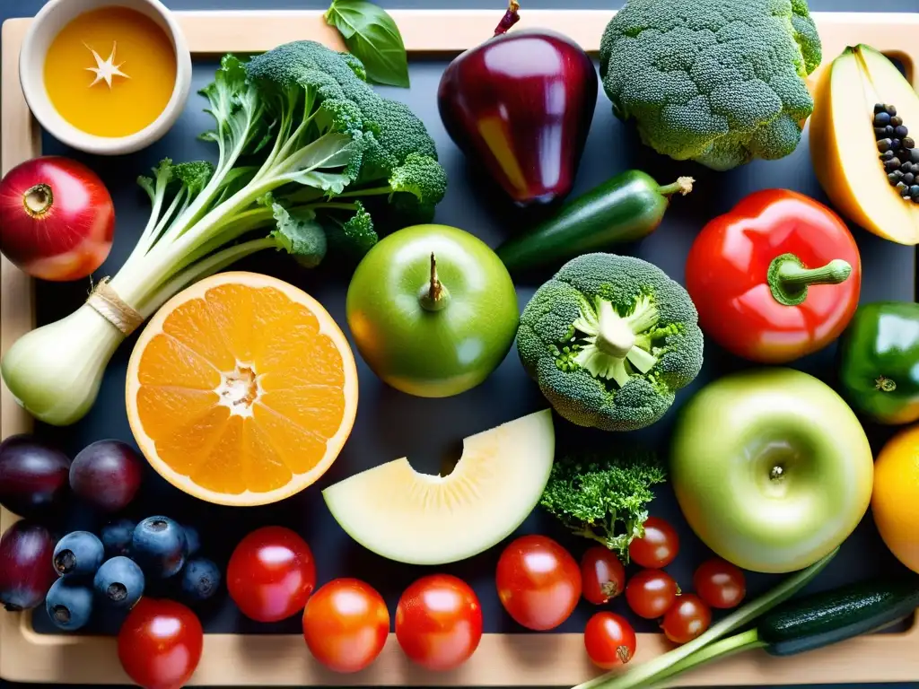 Una exquisita variedad de frutas y verduras recién cosechadas, dispuestas en una tabla de corte moderna, con detalles meticulosos