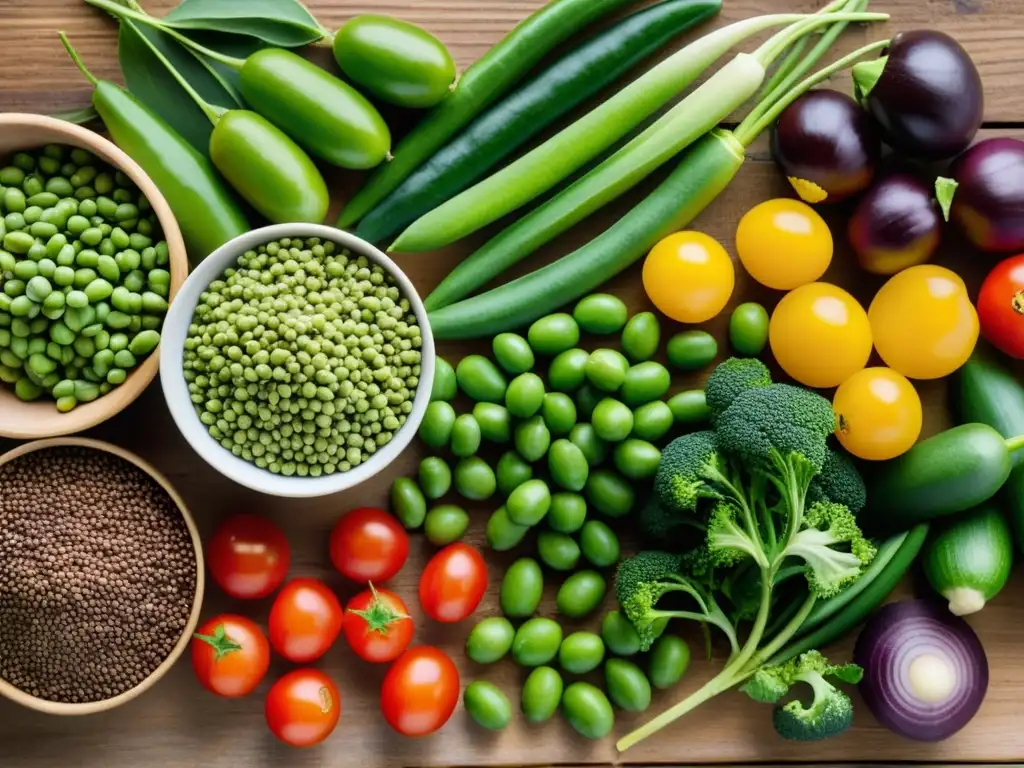 Una exquisita variedad de legumbres y hortalizas frescas, con un valor nutricional excepcional, dispuestas con armonía en una mesa rústica