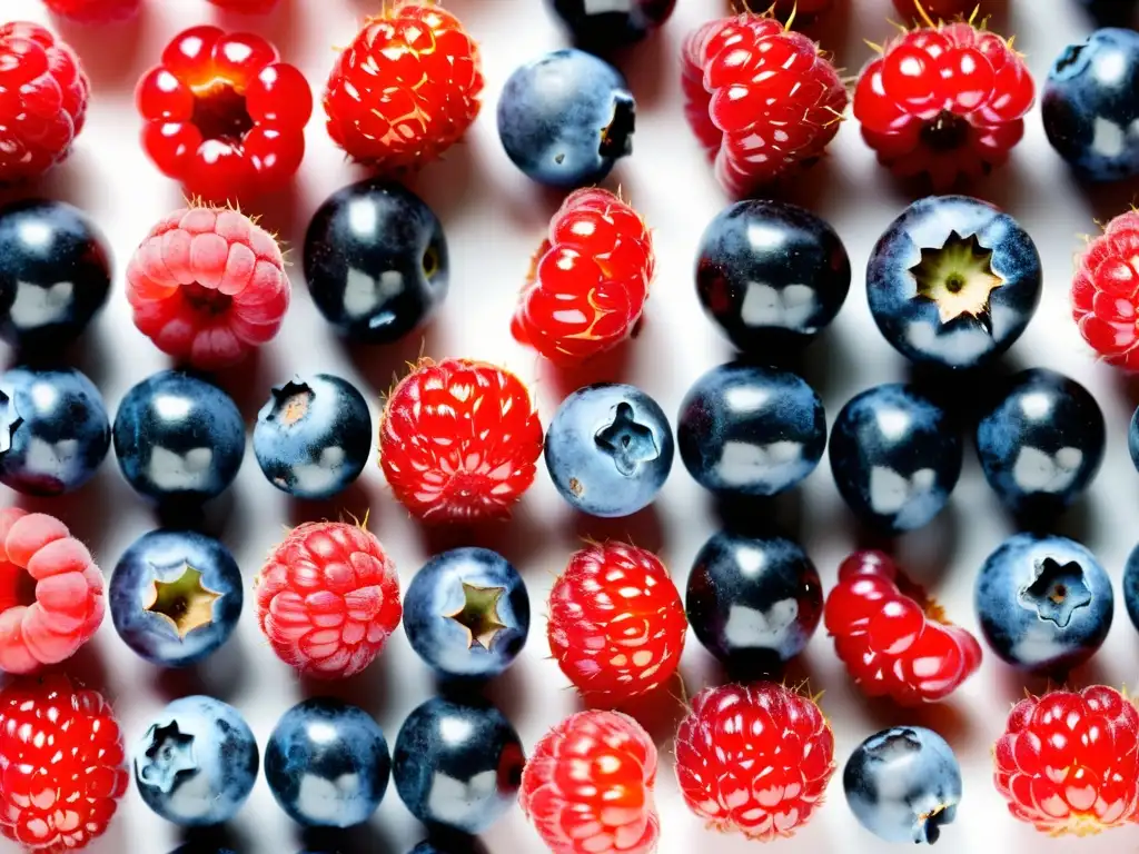 Una exquisita variedad de bayas maduras, como arándanos, frambuesas y moras, dispuestas simétricamente sobre una superficie blanca limpia