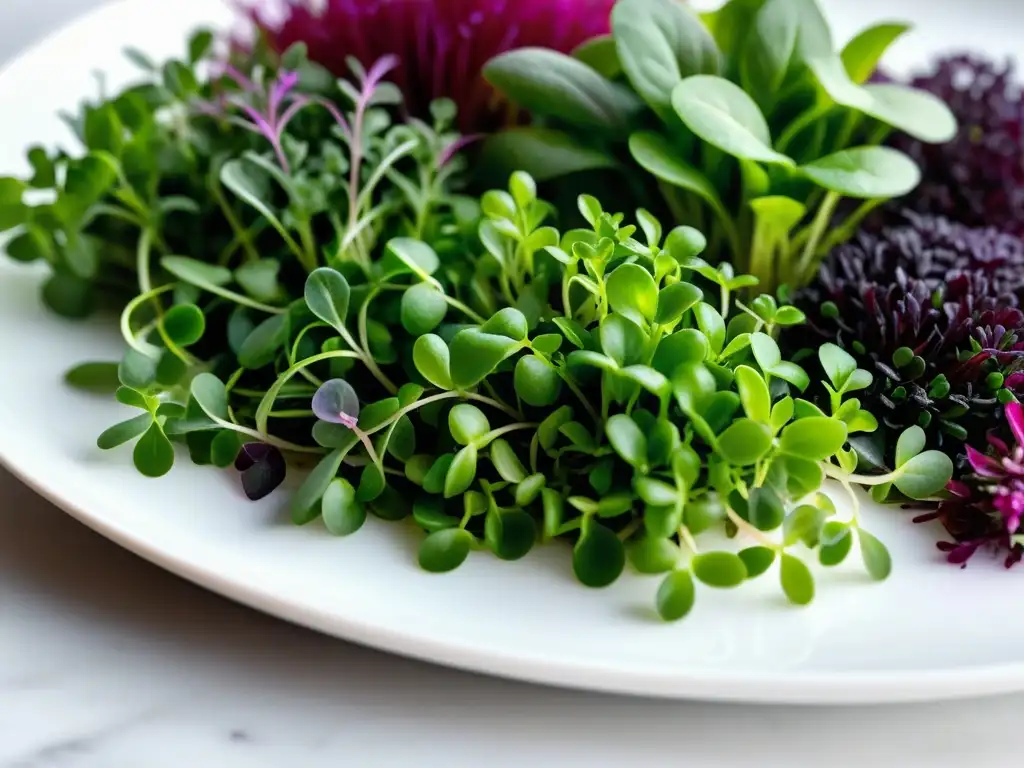 Una exquisita variedad de microgreens vibrantes y saludables en un plato blanco, iluminados por la luz natural