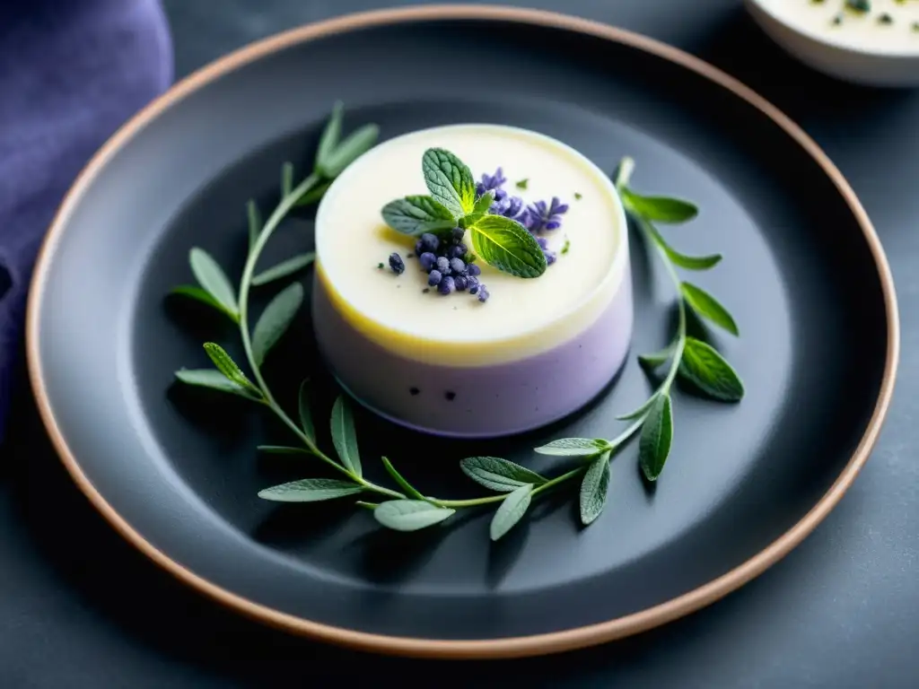 Un exquisito panna cotta infusionado con hierbabuena y lavanda, adornado con brotes frescos