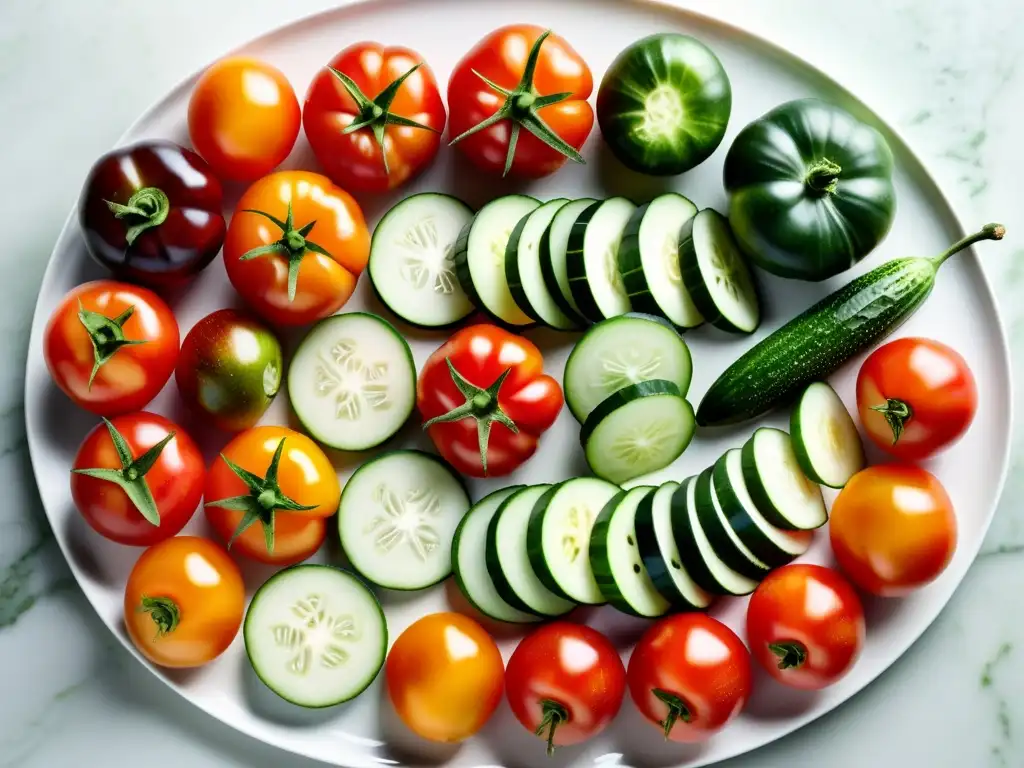 Exquisito maridaje de tomates y pepinos en plato de mármol, resaltando sus colores y texturas