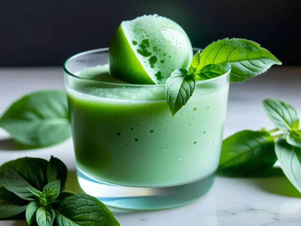 Un exquisito sorbete de albahaca y menta en un vaso de cristal, rodeado de hojas verdes y rocío