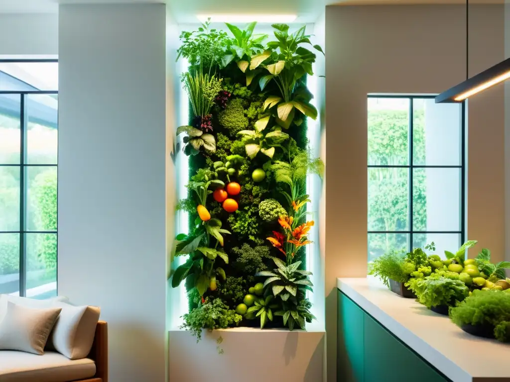 Un exquisito jardín vertical interior con cultivo de vegetales orgánicos en interiores, bañado por luz natural cálida