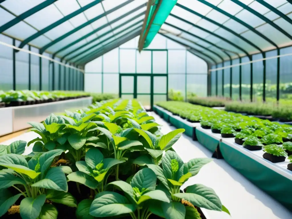 Un exuberante jardín acuapónico lleno de vegetales de hojas verdes y frutas maduras y coloridas