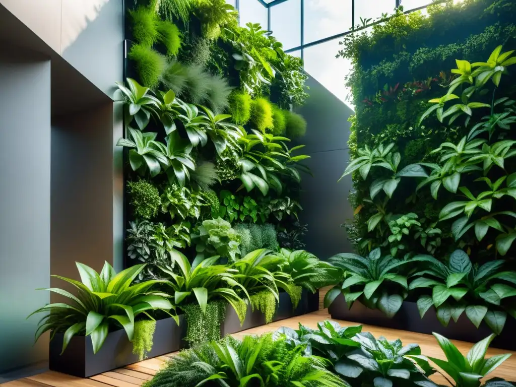 Una exuberante agricultura urbana durante la guerra, en un jardín vertical moderno urbano con plantas vibrantes y arquitectura futurista